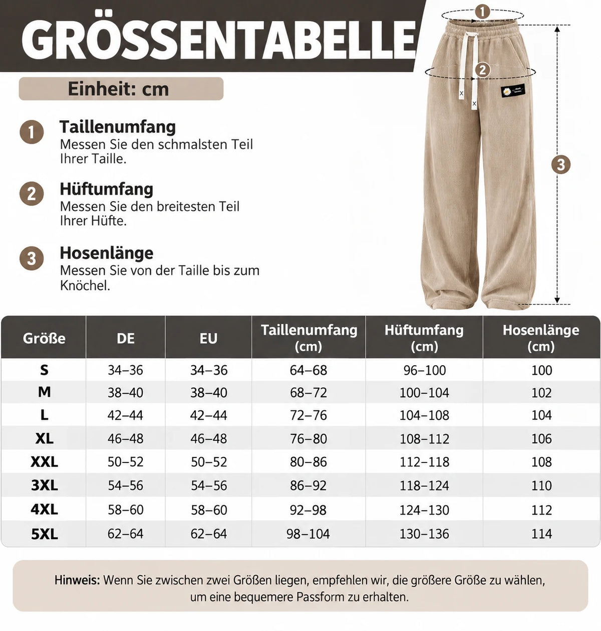 Größentabelle Cordhose