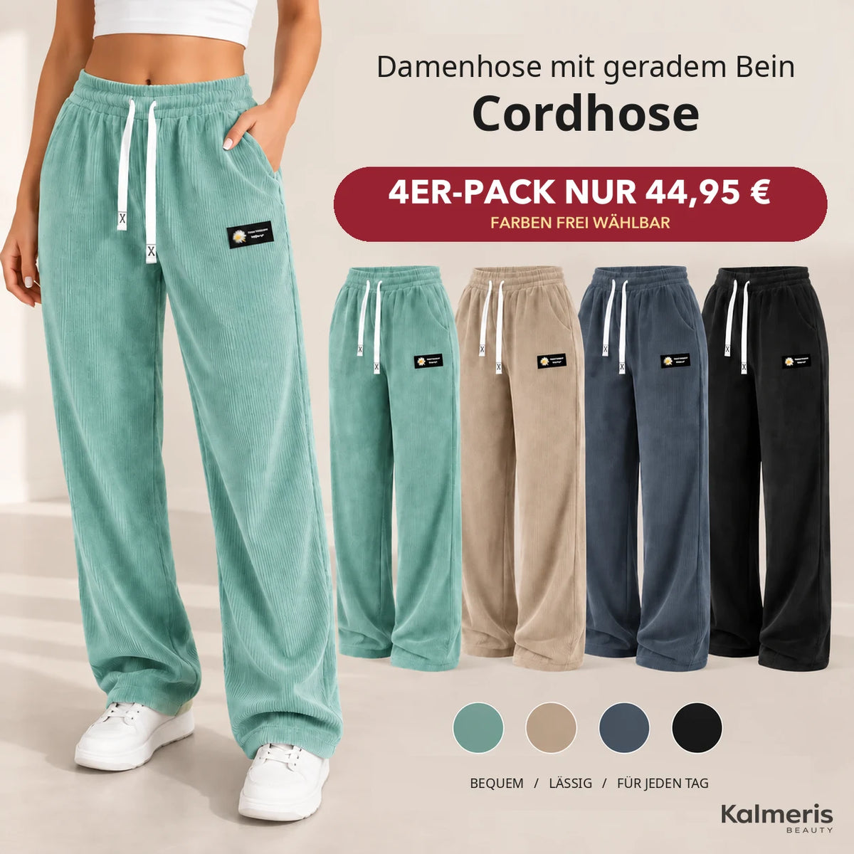 Cordhose – 4er-Pack in Mintgrün, Beige, Graublau, Schwarz