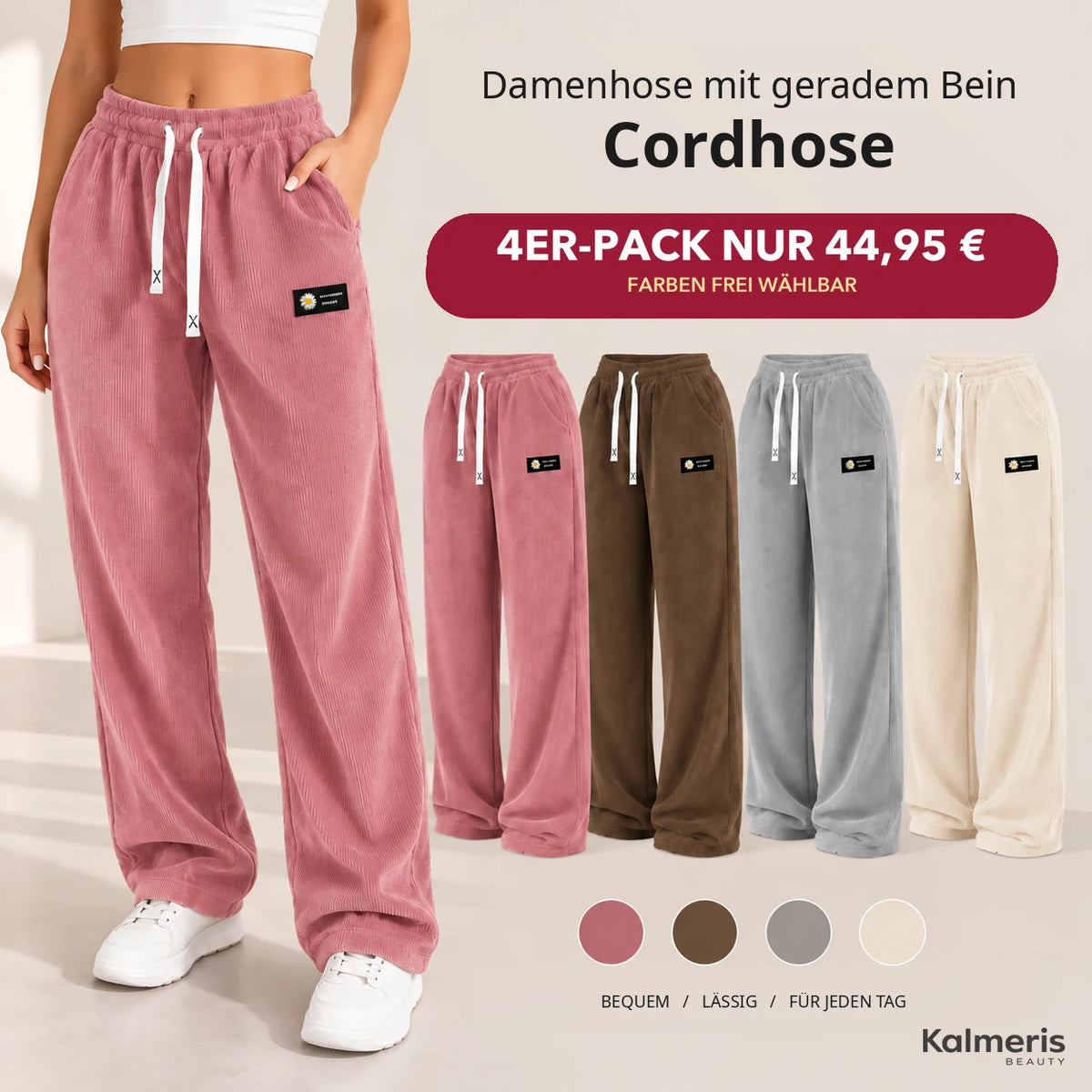 Cordhose – 4er-Pack in Rosa, Schokobraun, Grau, Creme